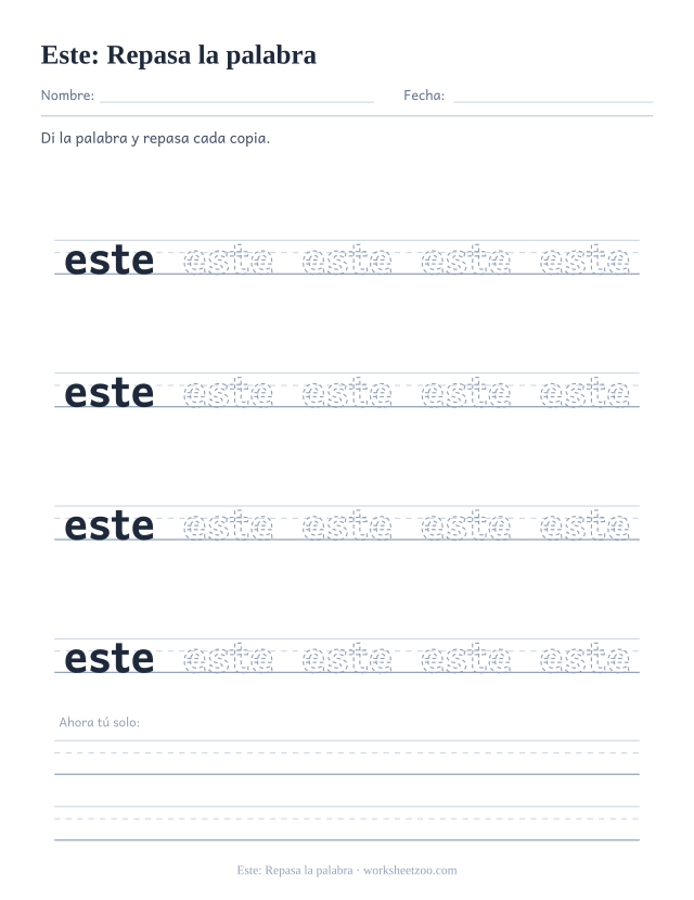 Ficha de la palabra frecuente «este», repasa la palabra para imprimir