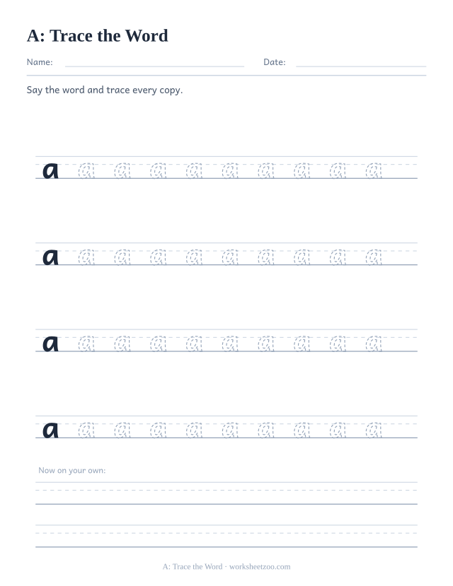 Sight word “a” worksheet, trace the word printable activity