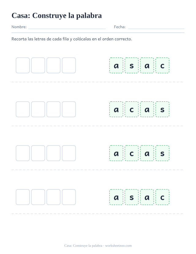 Ficha de la palabra frecuente «casa», construye la palabra para imprimir