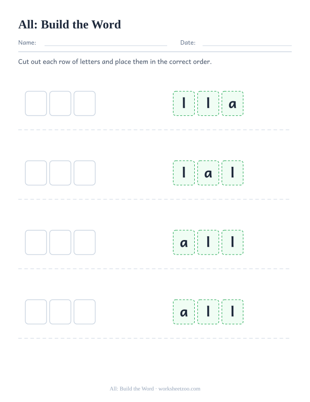 Sight word “all” worksheet, build the word printable activity