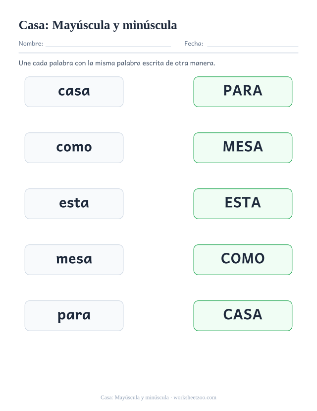 Ficha de la palabra frecuente «casa», mayúscula y minúscula para imprimir