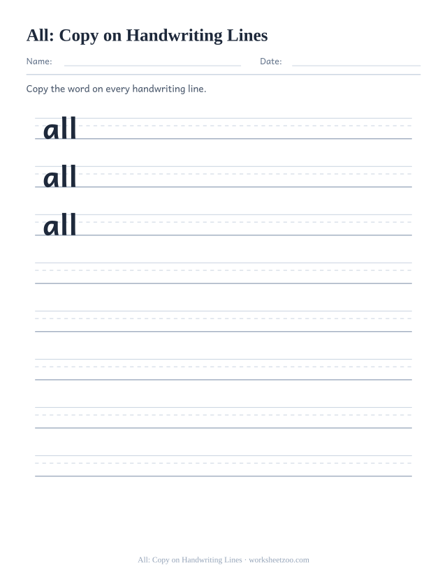Sight word “all” worksheet, copy on handwriting lines printable activity