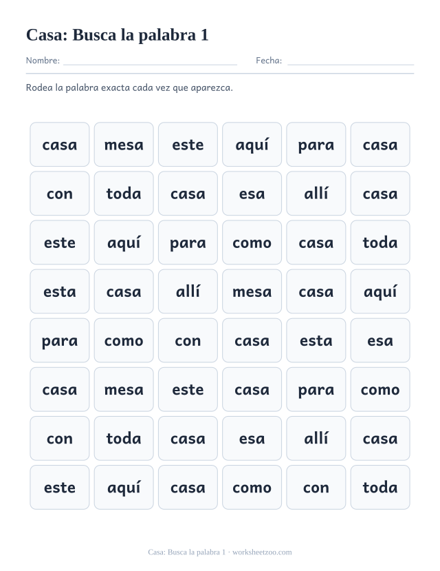 Ficha de la palabra frecuente «casa», busca la palabra 1 para imprimir