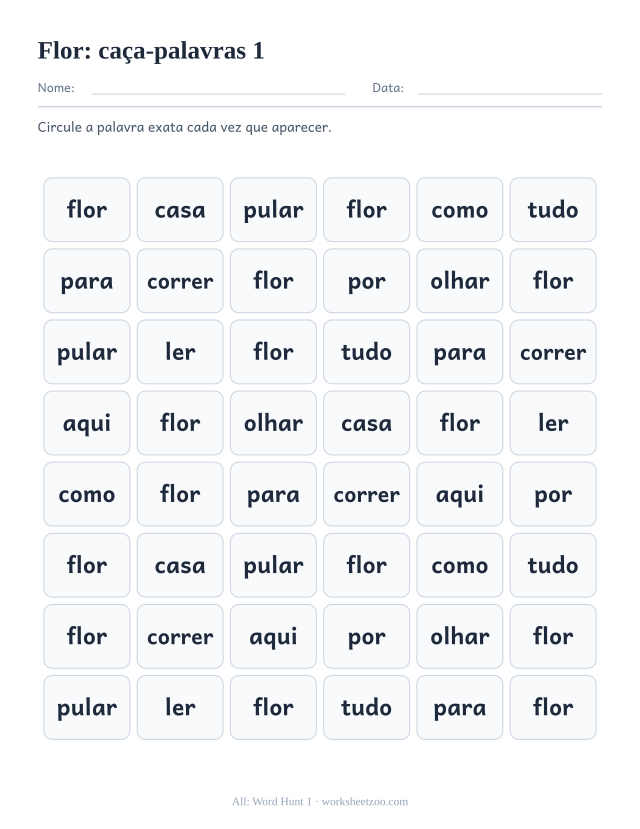 Prévia da palavra frequente “flor”, caça-palavras 1