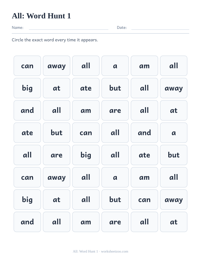 Sight word “all” worksheet, word hunt 1 printable activity