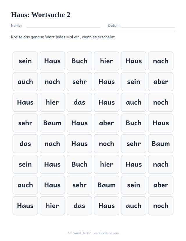 Vorschau: häufiges Wort „Haus“, Wortsuche 2