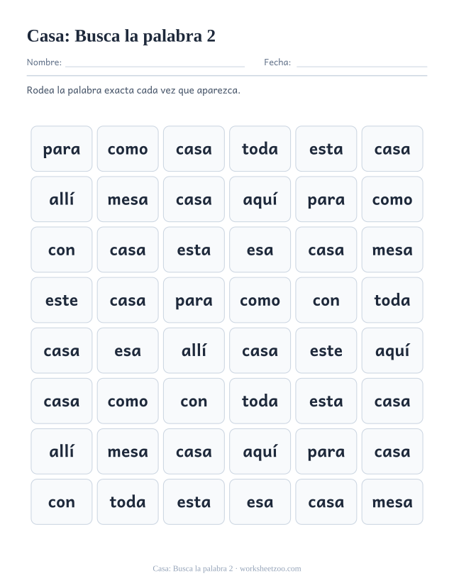 Ficha de la palabra frecuente «casa», busca la palabra 2 para imprimir