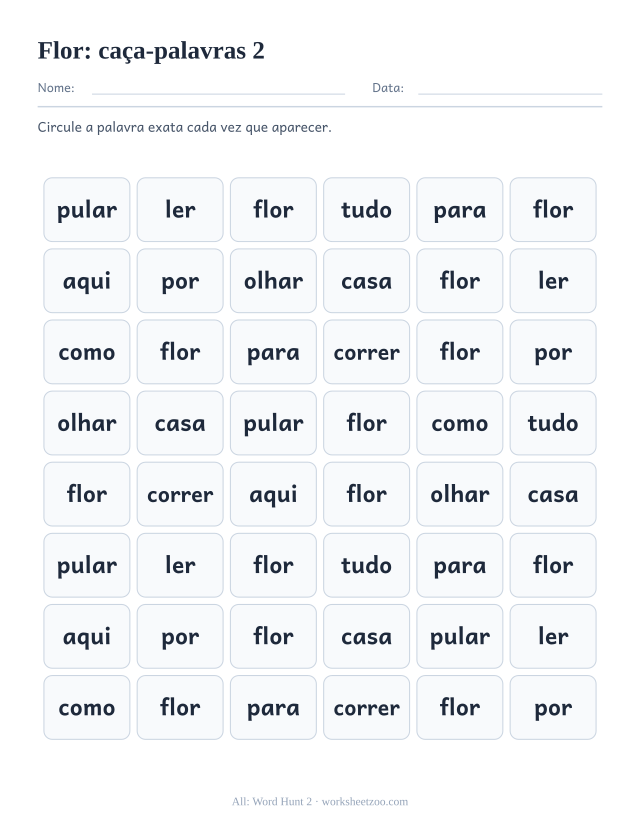 Prévia da palavra frequente “flor”, caça-palavras 2