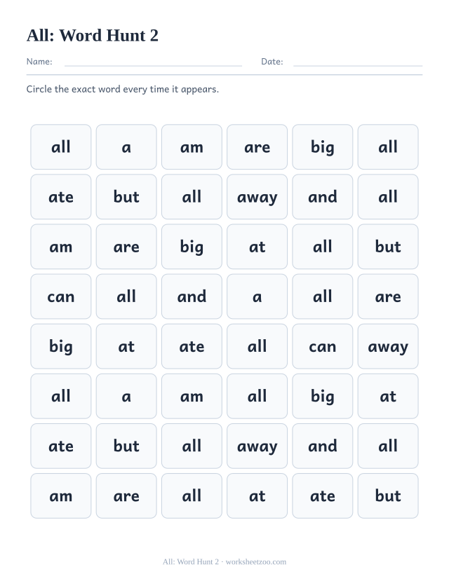 Sight word “all” worksheet, word hunt 2 printable activity
