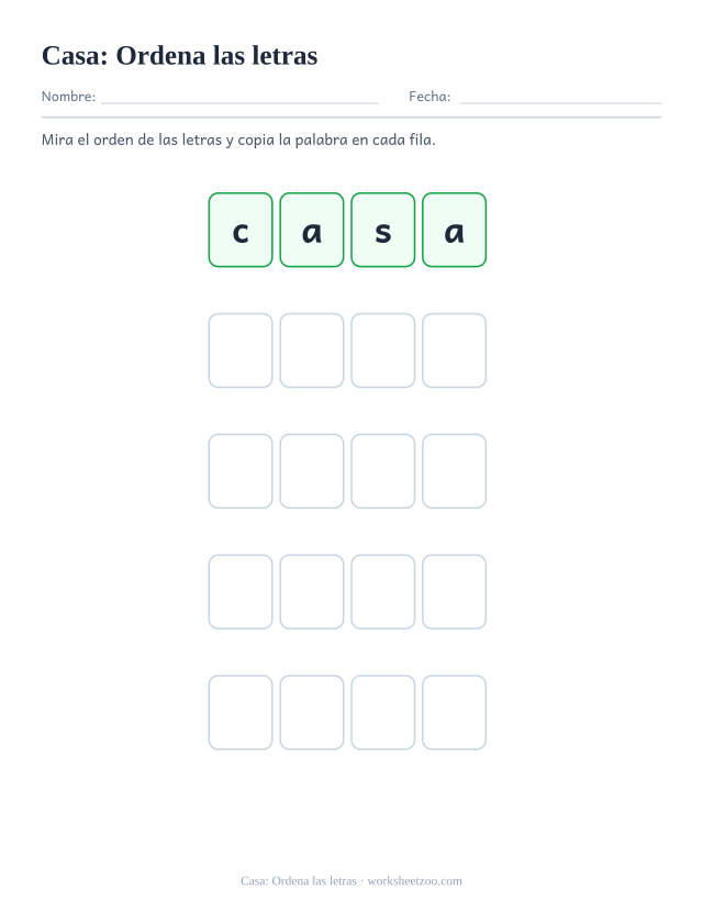 Ficha de la palabra frecuente «casa», ordena las letras para imprimir
