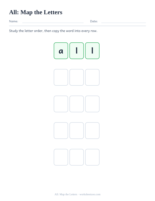 Sight word “all” worksheet, map the letters printable activity