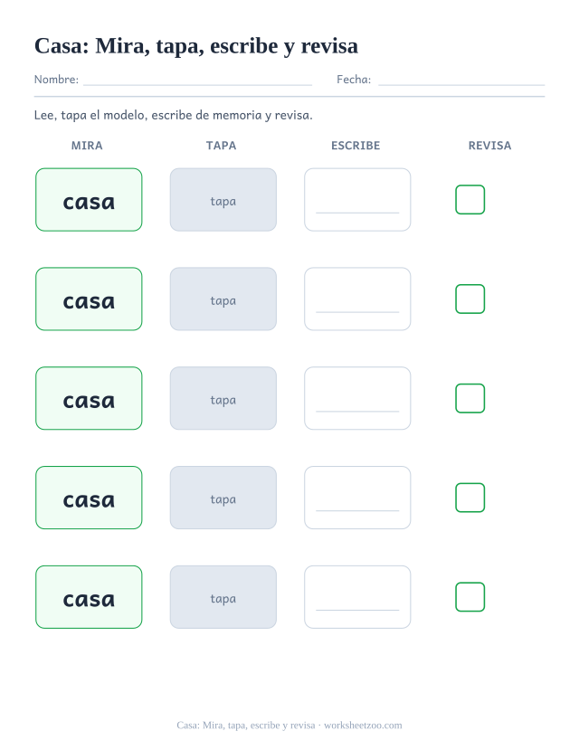 Ficha de la palabra frecuente «casa», mira, tapa, escribe y revisa para imprimir