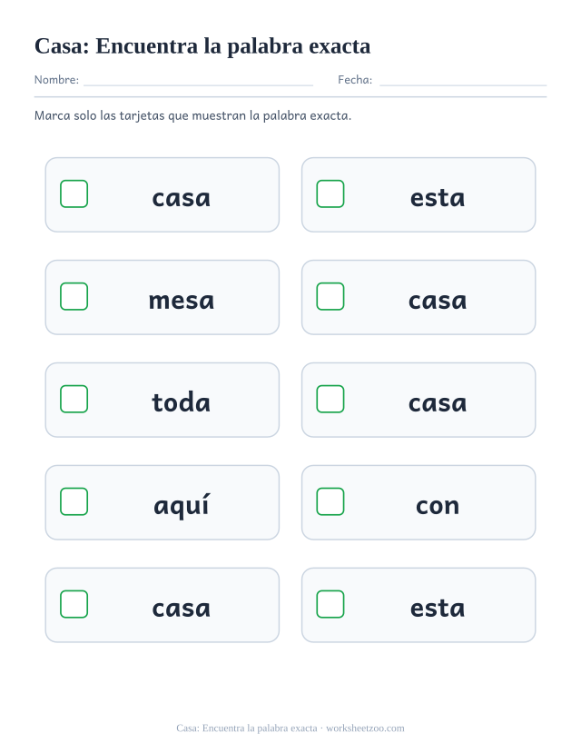 Ficha de la palabra frecuente «casa», encuentra la palabra exacta para imprimir