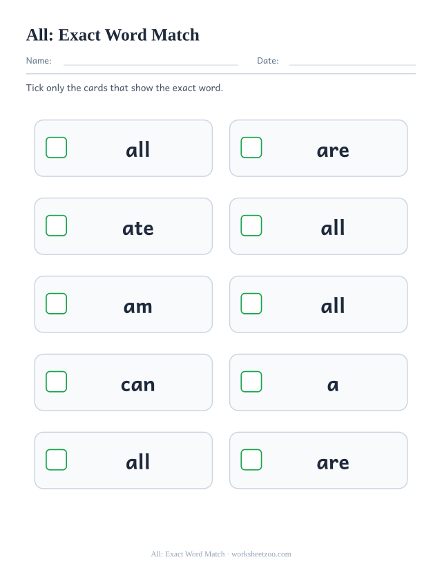 Sight word “all” worksheet, exact word match printable activity