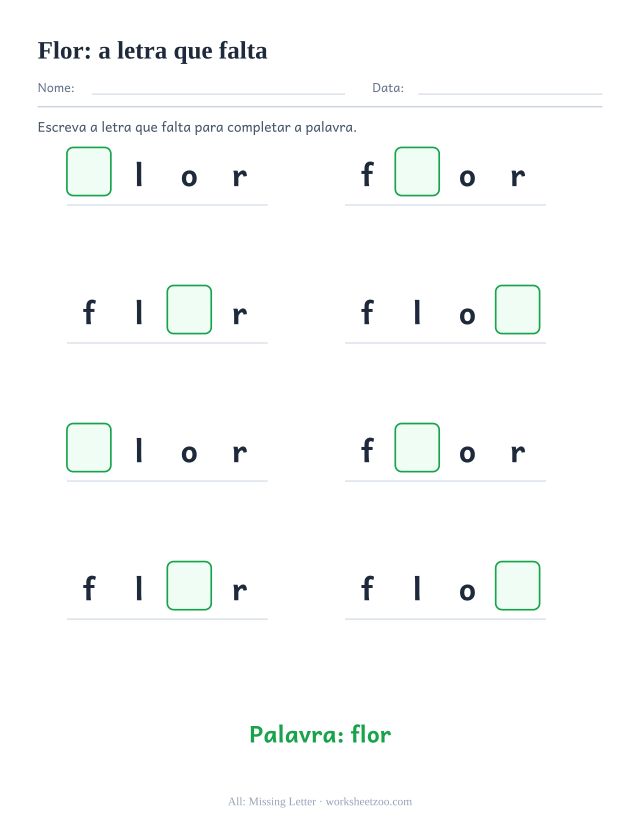 Prévia da palavra frequente “flor”, a letra que falta