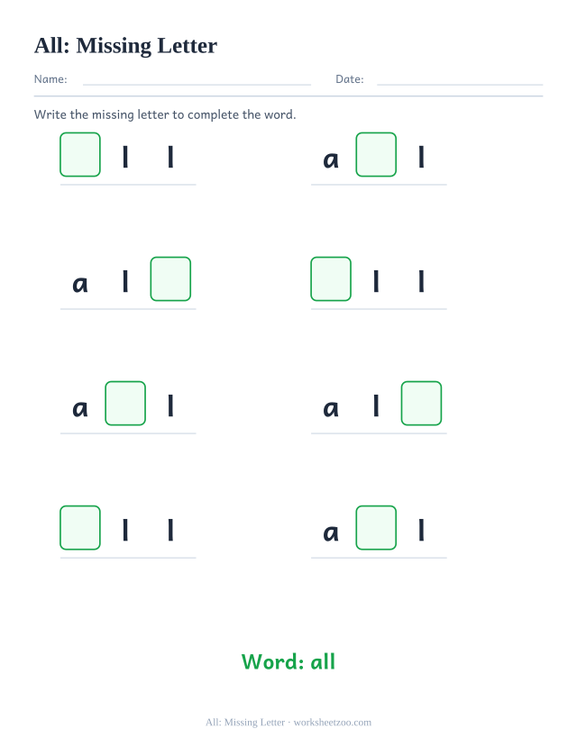 Sight word “all” worksheet, missing letter printable activity
