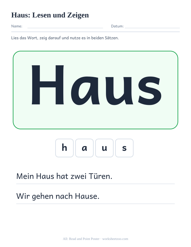 Vorschau: häufiges Wort „Haus“, Lesen und Zeigen