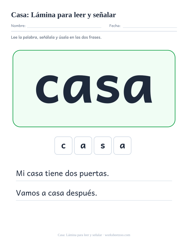 Ficha de la palabra frecuente «casa», lámina para leer y señalar para imprimir