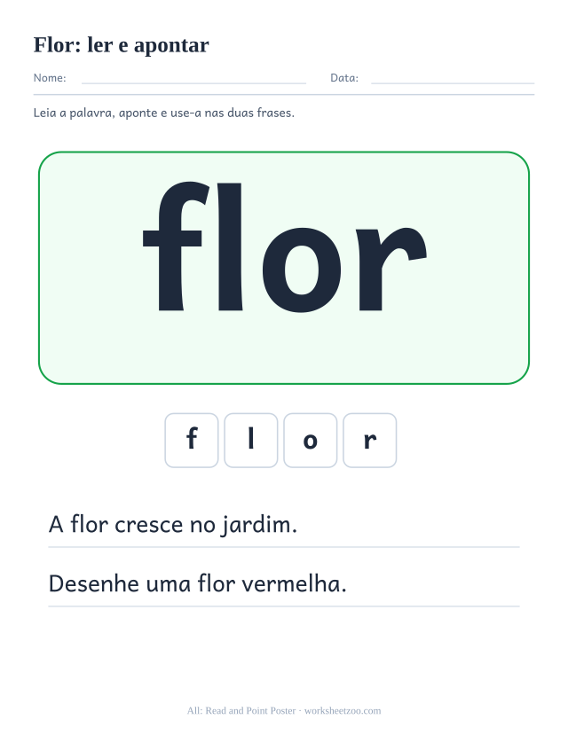 Prévia da palavra frequente “flor”, ler e apontar