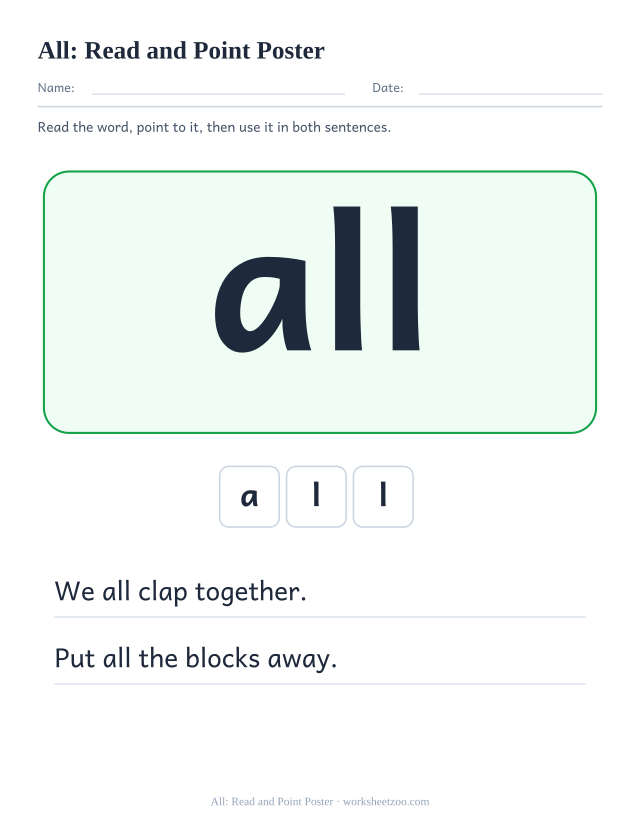 Sight word “all” worksheet, read and point poster printable activity