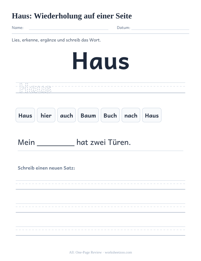 Vorschau: häufiges Wort „Haus“, Wiederholung auf einer Seite