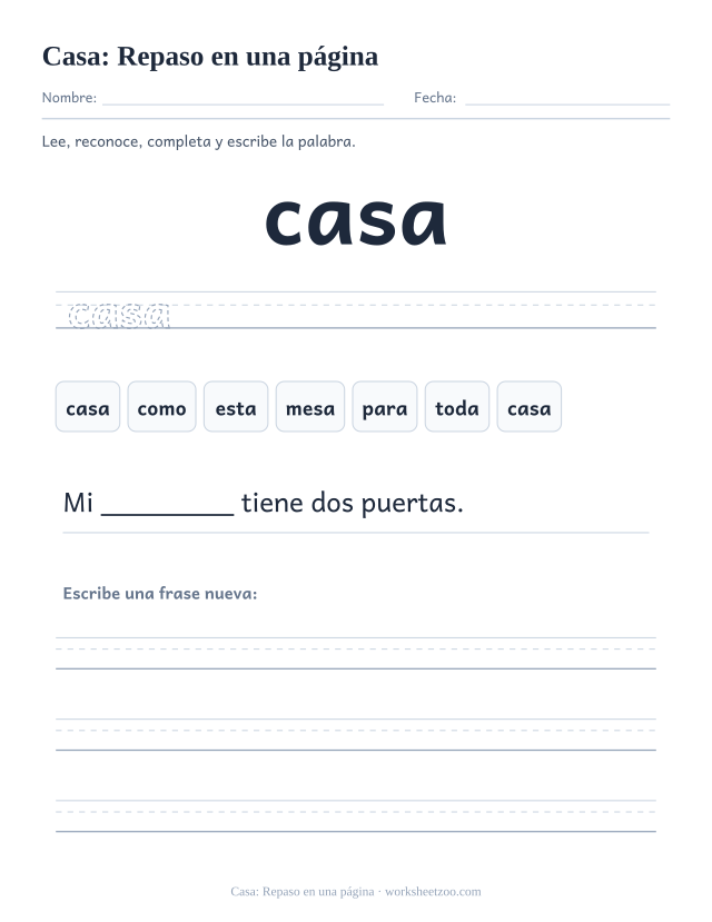 Ficha de la palabra frecuente «casa», repaso en una página para imprimir