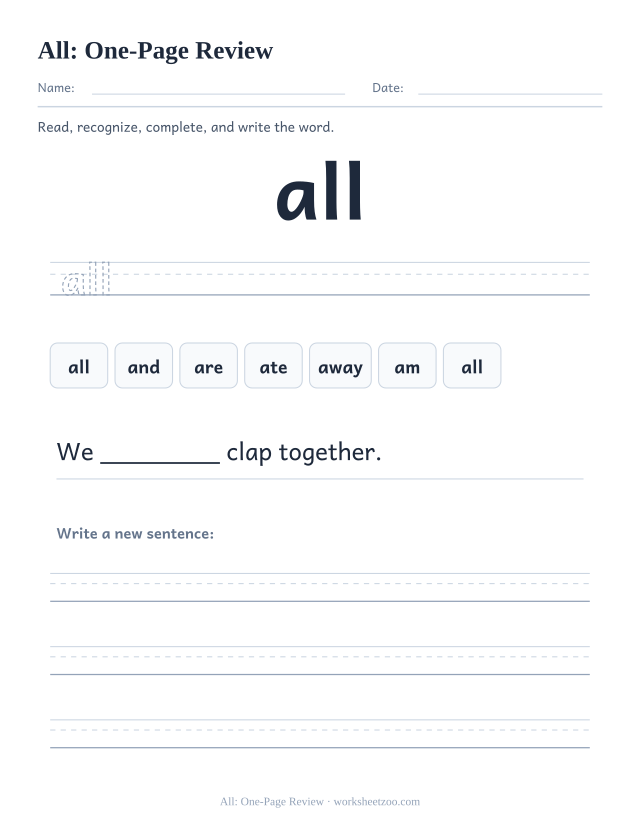Sight word “all” worksheet, one-page review printable activity