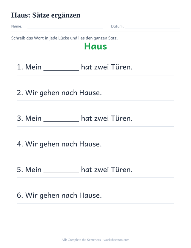 Vorschau: häufiges Wort „Haus“, Sätze ergänzen