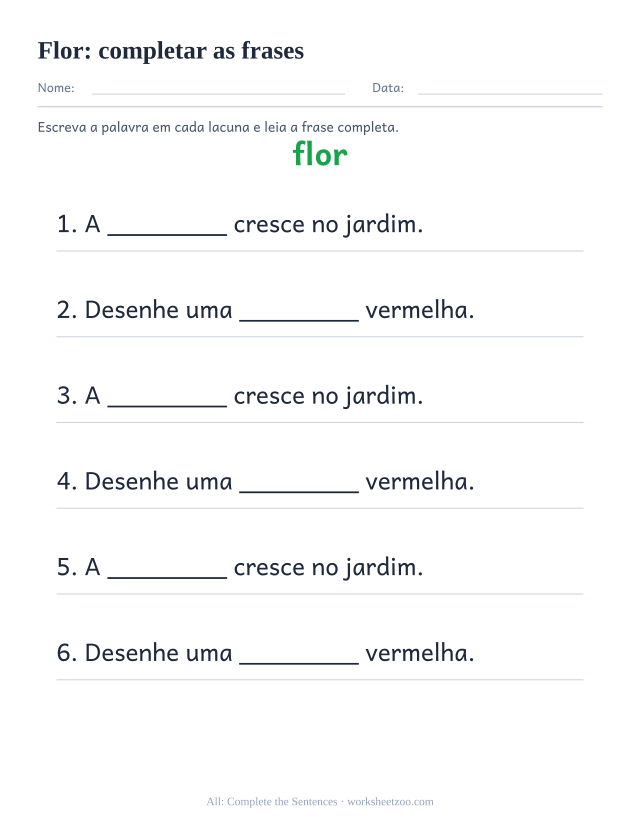 Prévia da palavra frequente “flor”, completar as frases
