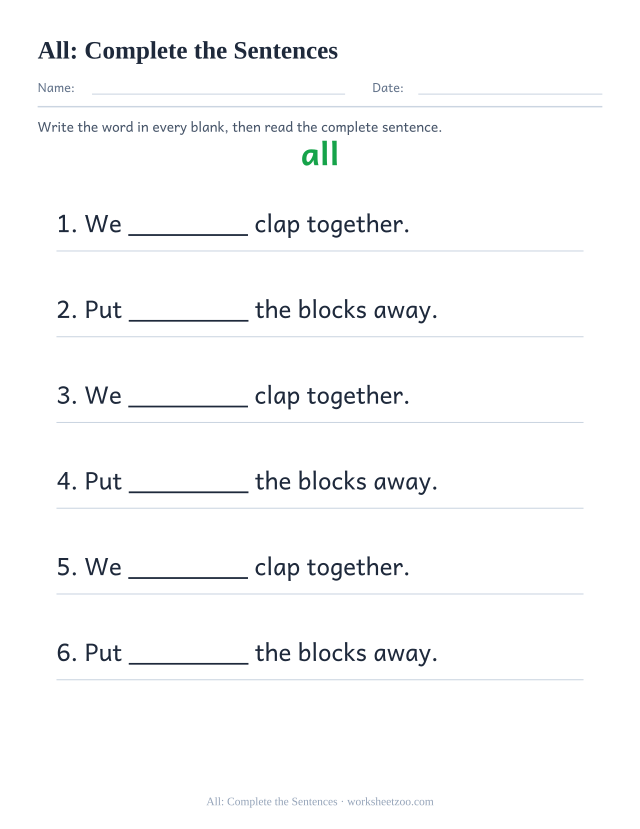 Sight word “all” worksheet, complete the sentences printable activity