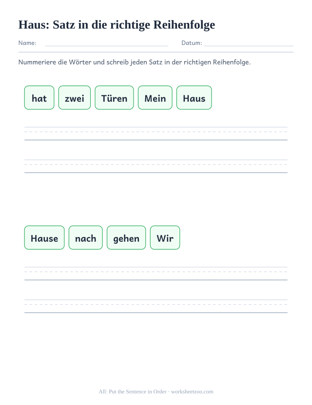 Vorschau: häufiges Wort „Haus“, Satz in die richtige Reihenfolge