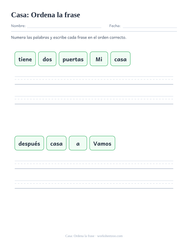 Ficha de la palabra frecuente «casa», ordena la frase para imprimir