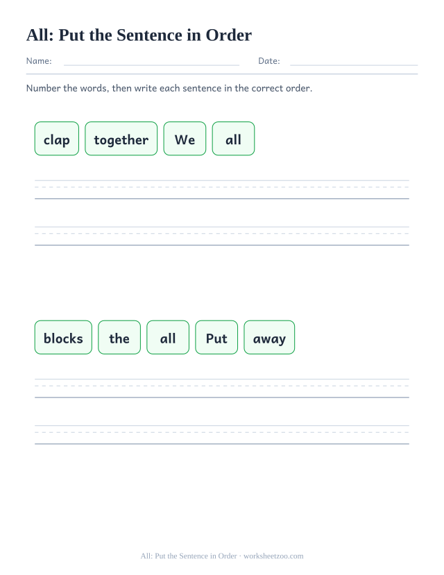 Sight word “all” worksheet, put the sentence in order printable activity