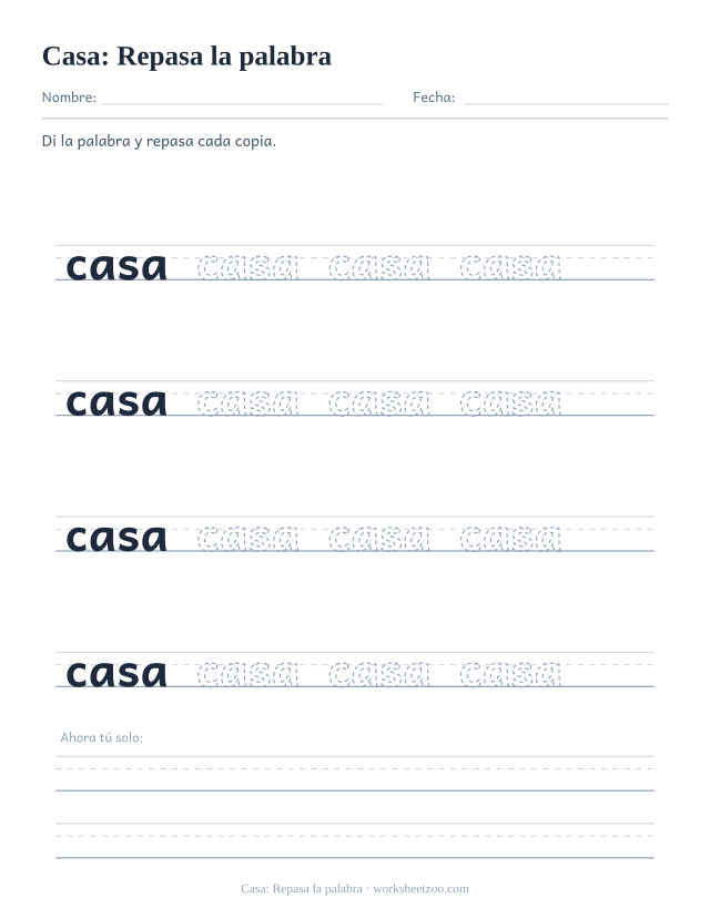 Ficha de la palabra frecuente «casa», repasa la palabra para imprimir
