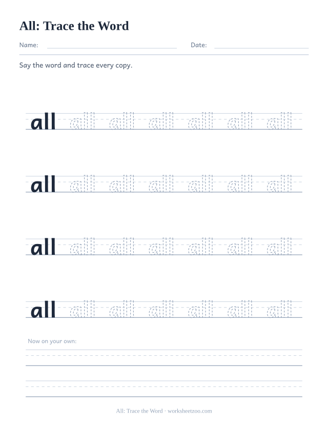 Sight word “all” worksheet, trace the word printable activity