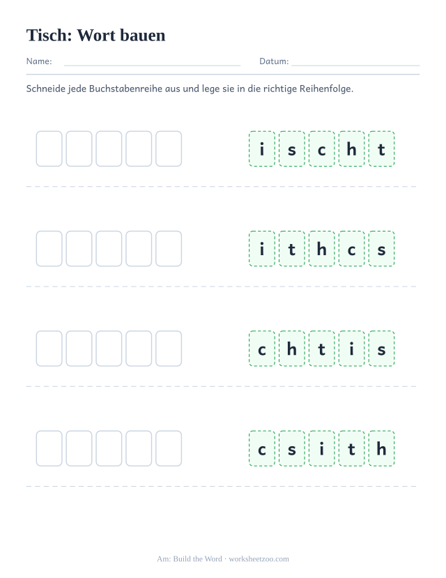 Vorschau: häufiges Wort „Tisch“, Wort bauen