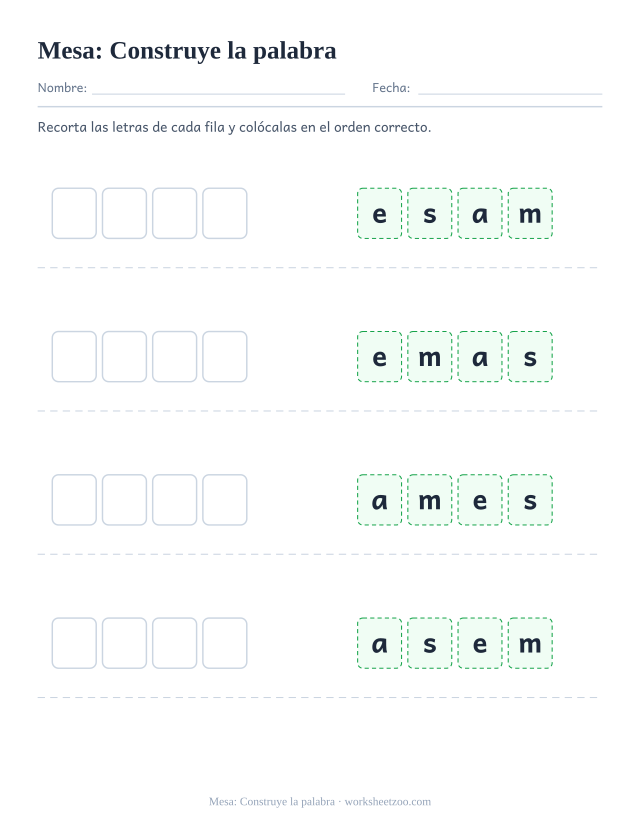 Ficha de la palabra frecuente «mesa», construye la palabra para imprimir