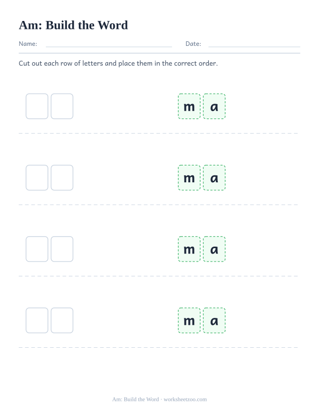 Sight word “am” worksheet, build the word printable activity