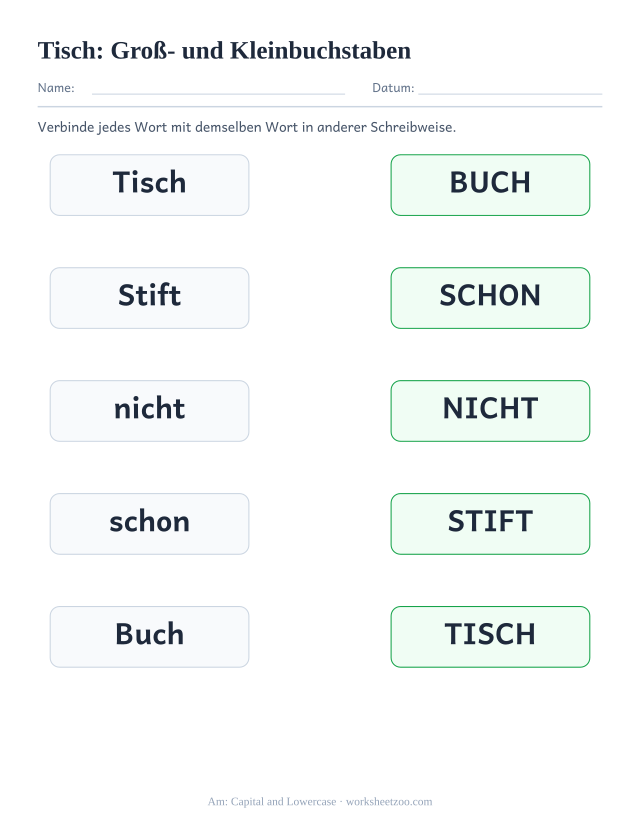 Vorschau: häufiges Wort „Tisch“, Groß- und Kleinbuchstaben