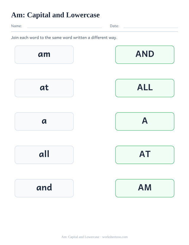 Sight word “am” worksheet, capital and lowercase printable activity