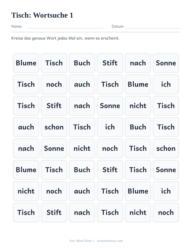 Vorschau: häufiges Wort „Tisch“, Wortsuche 1
