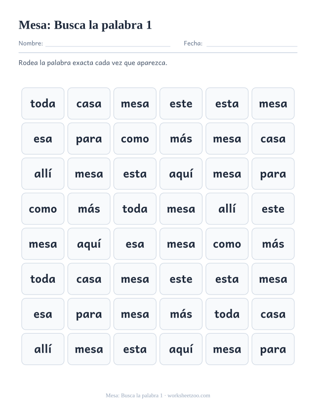 Ficha de la palabra frecuente «mesa», busca la palabra 1 para imprimir