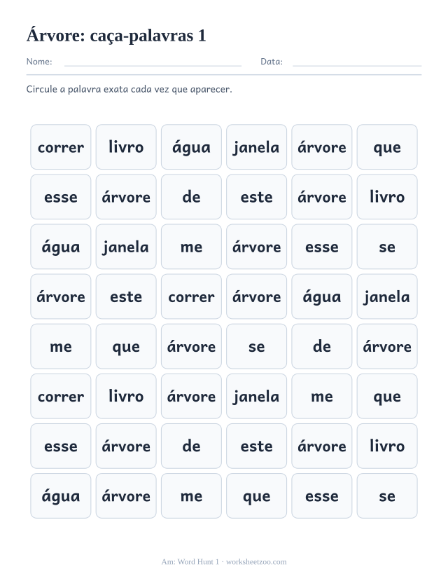 Prévia da palavra frequente “árvore”, caça-palavras 1