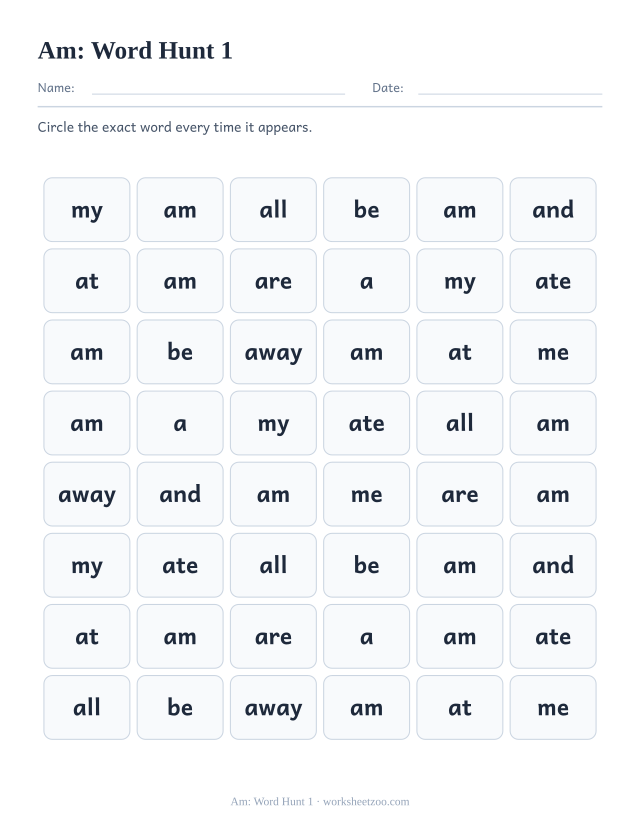 Sight word “am” worksheet, word hunt 1 printable activity