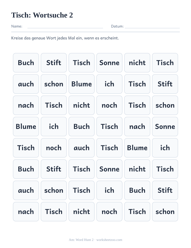 Vorschau: häufiges Wort „Tisch“, Wortsuche 2