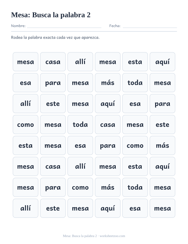 Ficha de la palabra frecuente «mesa», busca la palabra 2 para imprimir