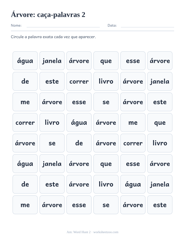 Prévia da palavra frequente “árvore”, caça-palavras 2