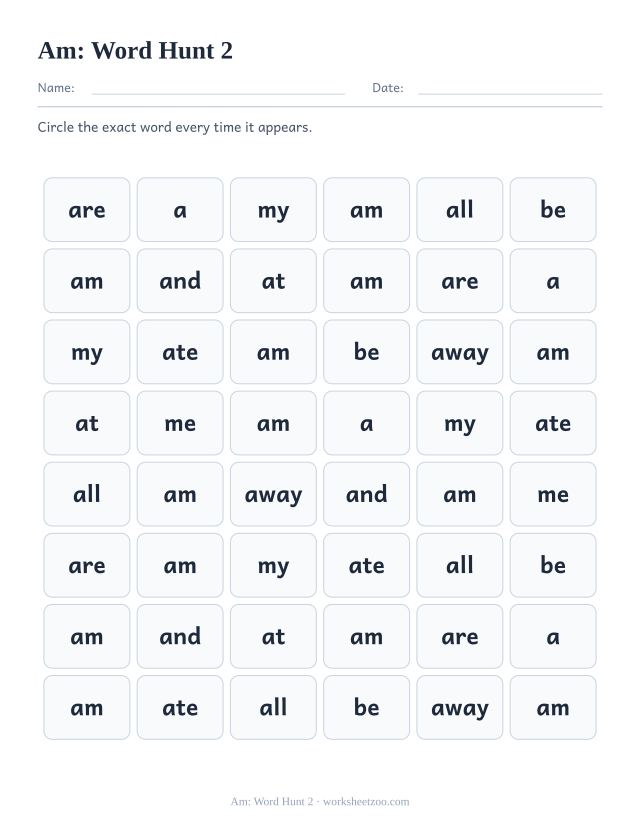 Sight word “am” worksheet, word hunt 2 printable activity