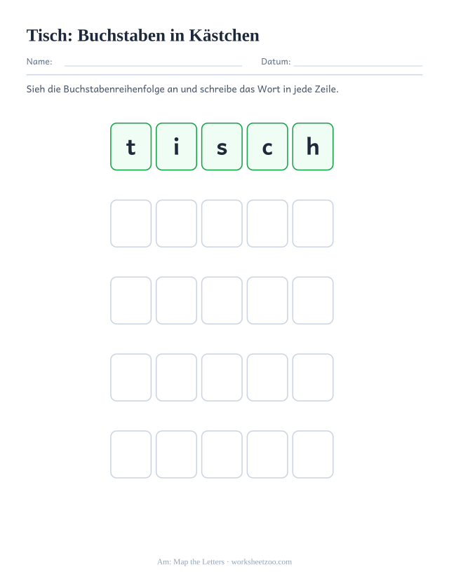 Vorschau: häufiges Wort „Tisch“, Buchstaben in Kästchen