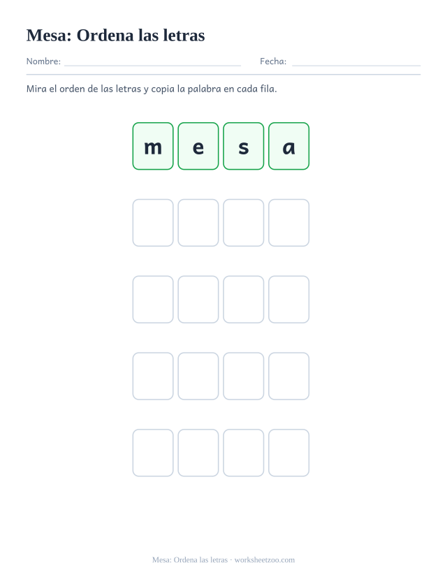 Ficha de la palabra frecuente «mesa», ordena las letras para imprimir